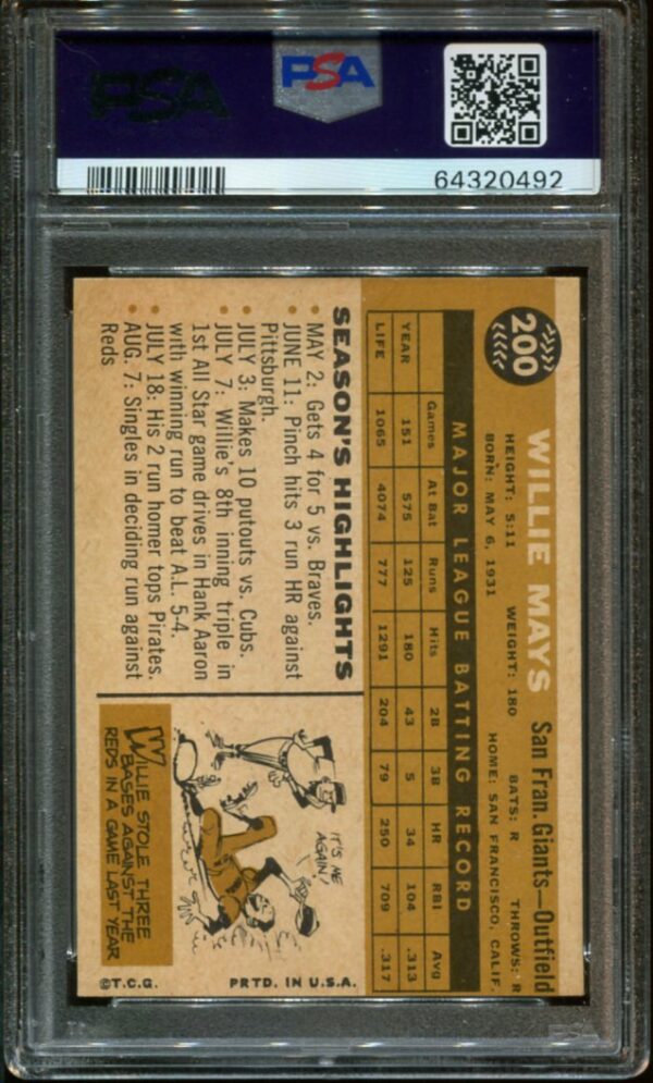 1960 Topps #200 Willie Mays PSA 6 HOF (64320492) - Image 4