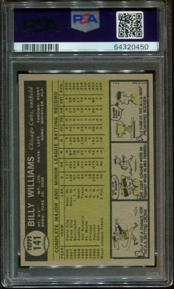 1961 Topps #141 Billy Williams RC PSA 8 HOF (64320450) - Image 3