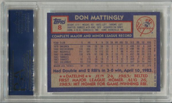 1984 Topps #8 Don Mattingly RC PSA 9 (21354240) - Image 3