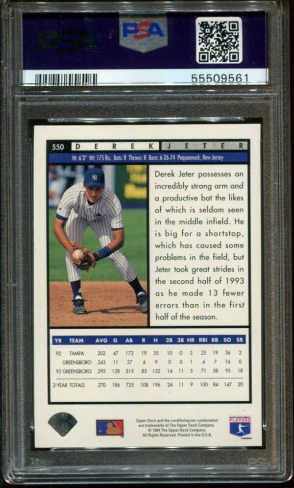 1994 Upper Deck #550 Derek Jeter Top Prospects PSA 9 HOF (55509561) - Image 3