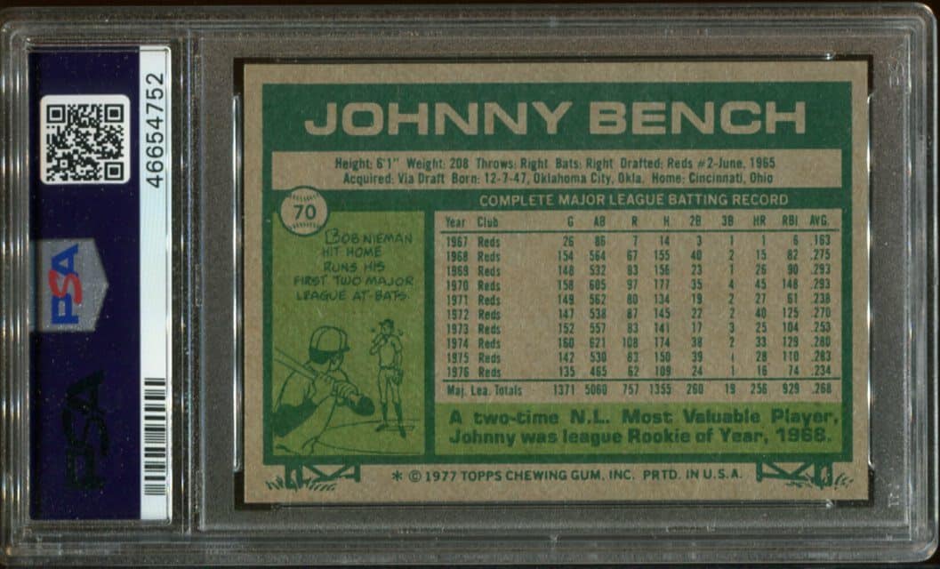 1977 Topps #70 Johnny Bench PSA 8 HOF (46654752) - All Star Cards Inc