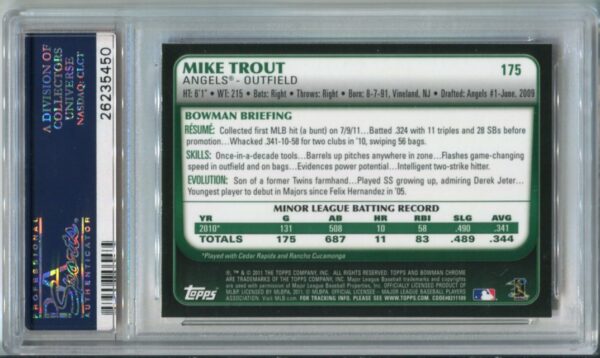 2011 Bowman Chrome #175 Mike Trout RC PSA 10 (26235450) - Image 3