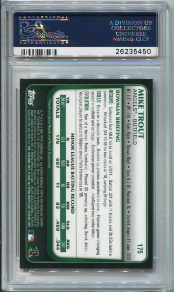 2011 Bowman Chrome #175 Mike Trout RC PSA 10 (26235450) - Image 2