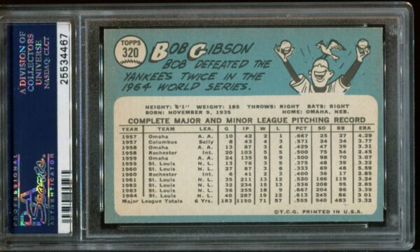 1965 Topps #320 Bob Gibson PSA 7 HOF (25534467) - Image 3