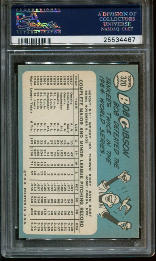 1965 Topps #320 Bob Gibson PSA 7 HOF (25534467) - Image 2