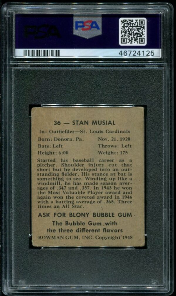 1948 Bowman #36 Stan Musial RC PSA 2 HOF (46724125) - Image 2