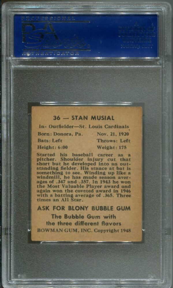 1948 Bowman #36 Stan Musial RC PSA 6 HOF (15745274) - Image 2
