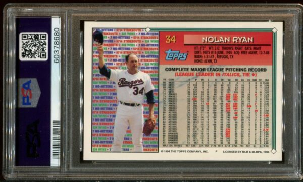 1994 Topps #34 Nolan Ryan PSA 8 HOF (60378680) - Image 3