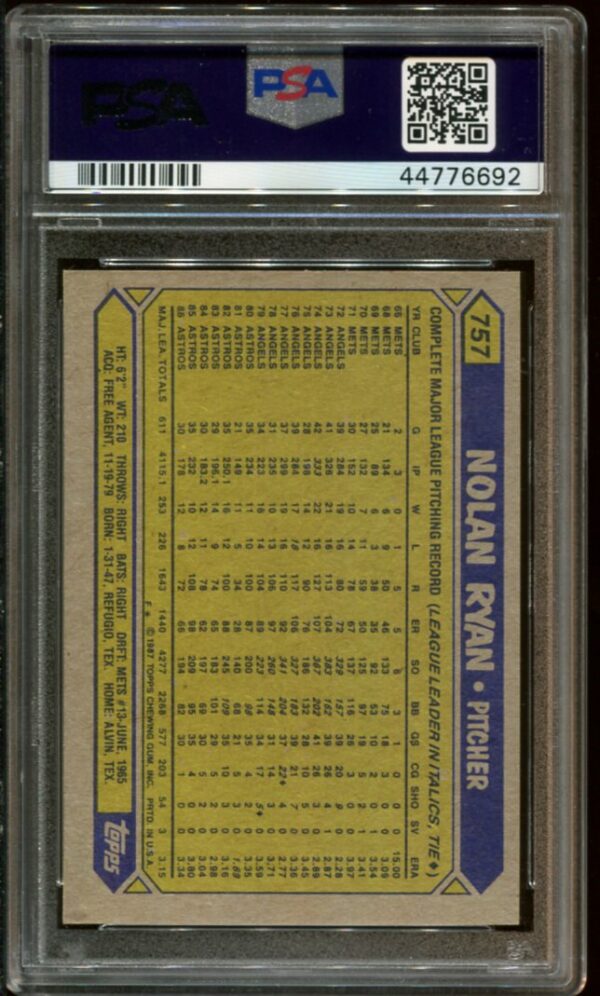 1987 Topps #757 Nolan Ryan PSA 10 HOF (44776692) - Image 2