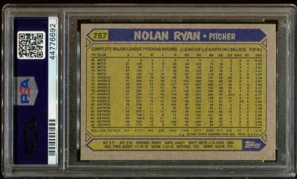 1987 Topps #757 Nolan Ryan PSA 10 HOF (44776692) - Image 3