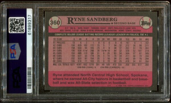 1989 Topps #360 Ryne Sandberg PSA 9 HOF (61899317) - Image 3
