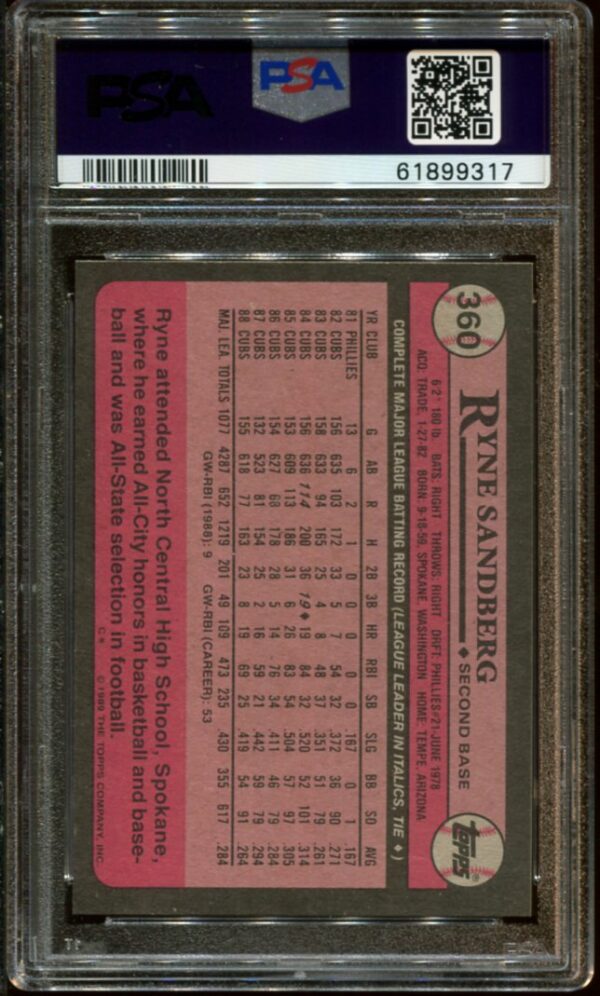 1989 Topps #360 Ryne Sandberg PSA 9 HOF (61899317) - Image 2