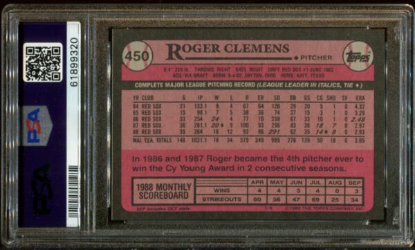 1989 Topps #450 Roger Clemens PSA 10 (61899320) - Image 3