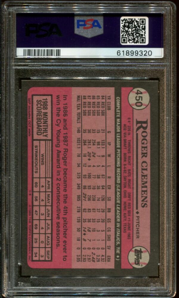 1989 Topps #450 Roger Clemens PSA 10 (61899320) - Image 2