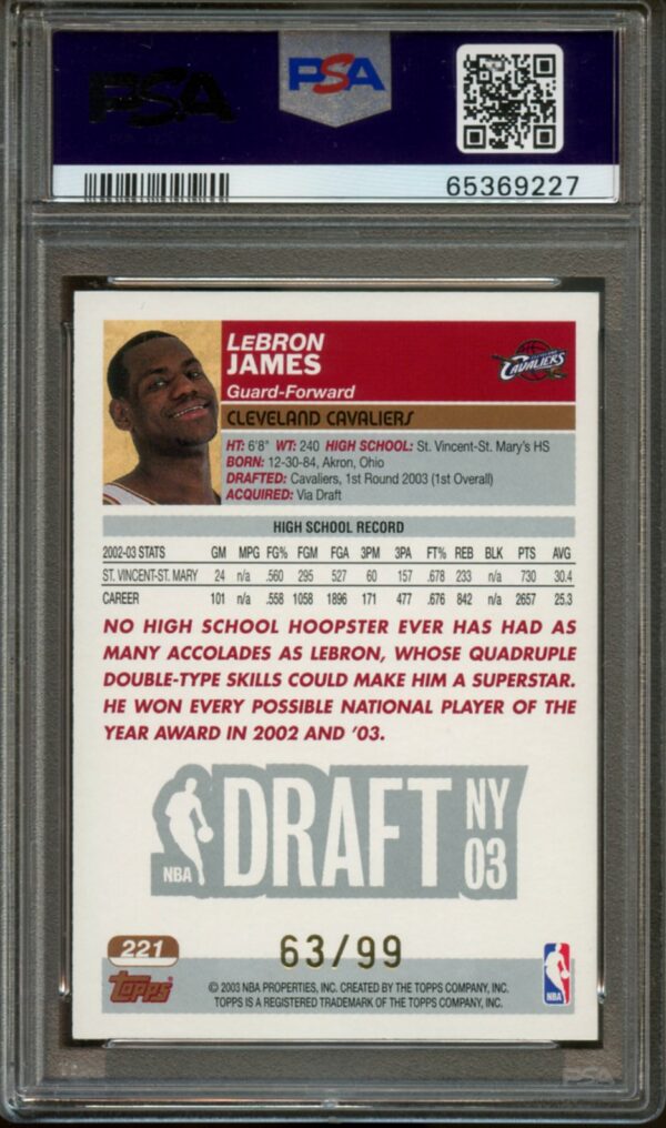 2003 Topps GOLD LeBron James RC #221 #'d/99  PSA 8  (65369227) - Image 2