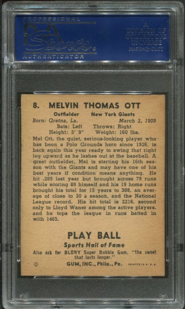 1941 Play Ball #8 Mel Ott PSA 6 HOF (16482830) - Image 2