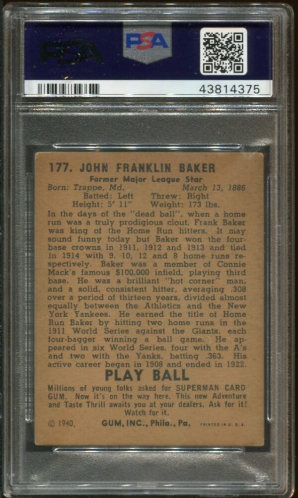1940 Play Ball #177 Frank "Homerun" Baker PSA 4 HOF (43814375) - Image 2
