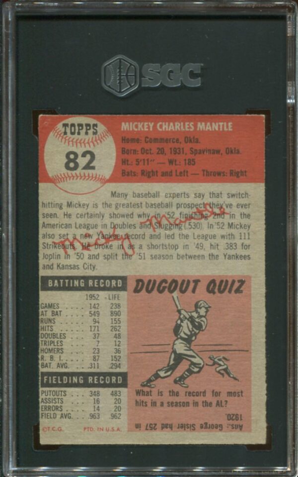 1953 Topps #82 Mickey Mantle SGC 4 HOF (2065782) - Image 2