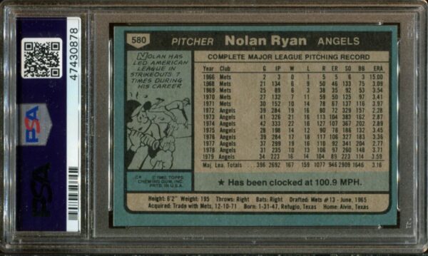 1980 Topps #580 Nolan Ryan PSA 8 HOF (47430878) - Image 3