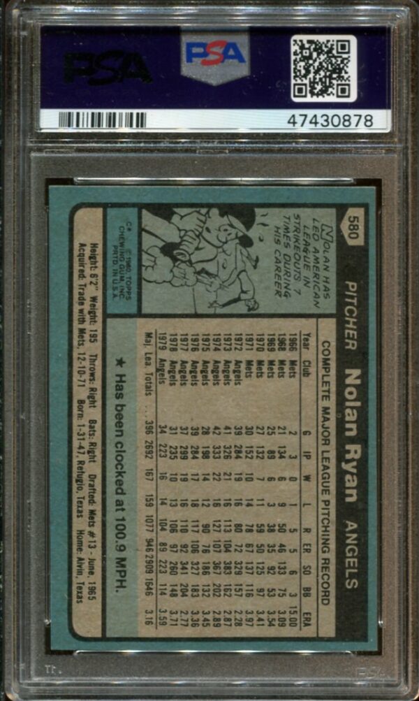 1980 Topps #580 Nolan Ryan PSA 8 HOF (47430878) - Image 2