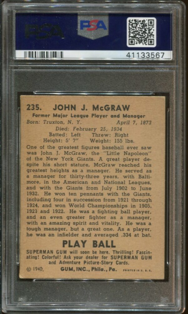 1940 Play Ball #235 John J. McGraw PSA 4 HOF (41133567) - Image 2