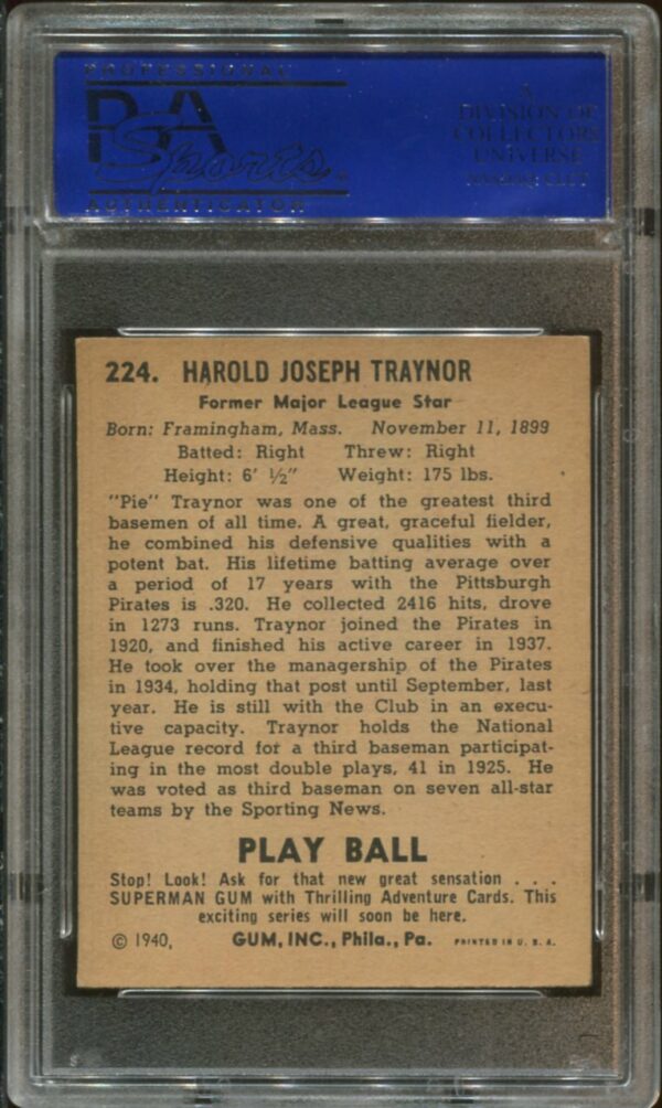 1940 Play Ball #224 Pie Traynor PSA 6 HOF (12142012) - Image 2
