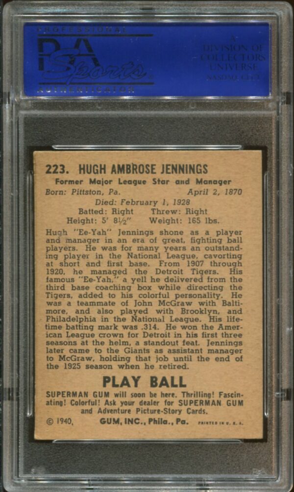 1940 Play Ball #223 Hughie Jennings PSA 5 HOF (90385146) - Image 2