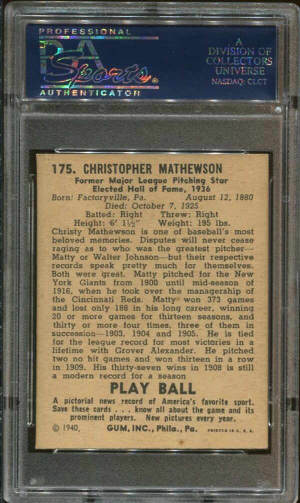 1940 Play Ball #175 Christy Mathewson PSA 6 HOF (22858888) - Image 2