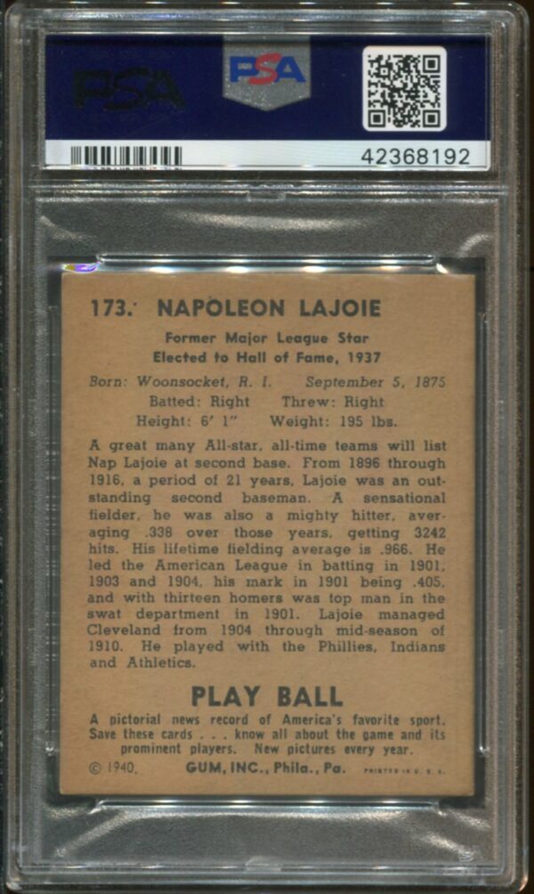 1940 Play Ball #173 Napoleon Lajoie PSA 7 HOF (42368192) - Image 2