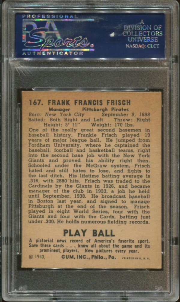 1940 Play Ball #167 Frank Frisch PSA 6 HOF (23311272) - Image 2