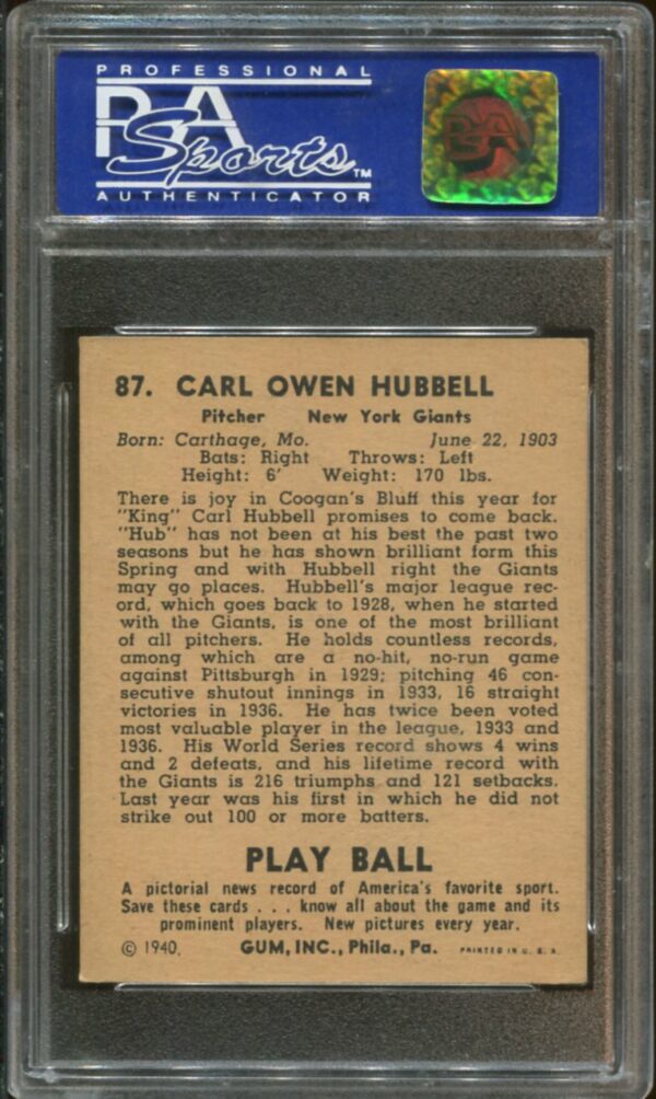 1940 Play Ball #87 Carl Hubbell PSA 6 HOF (04076844) - Image 2