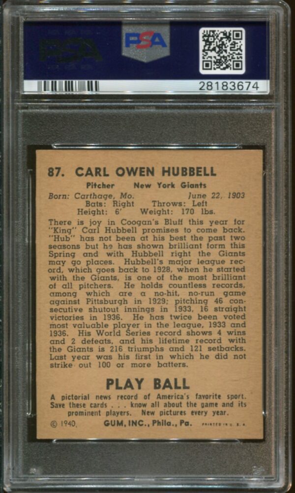 1940 Play Ball #87 Carl Hubbell PSA 7 HOF (28183674) - Image 2