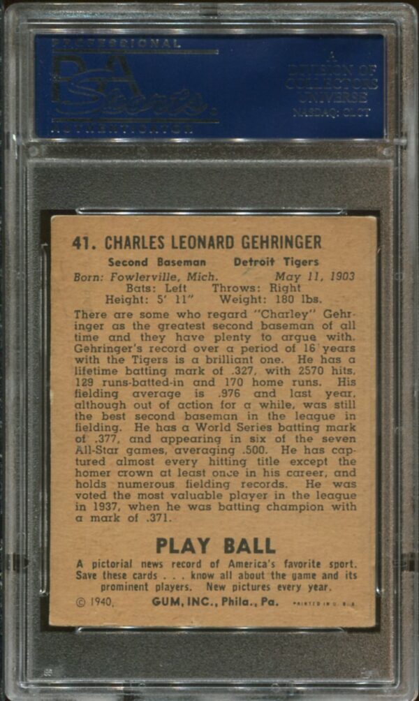 1940 Play Ball #41 Charley Gehringer PSA 4 HOF (20474012) - Image 2