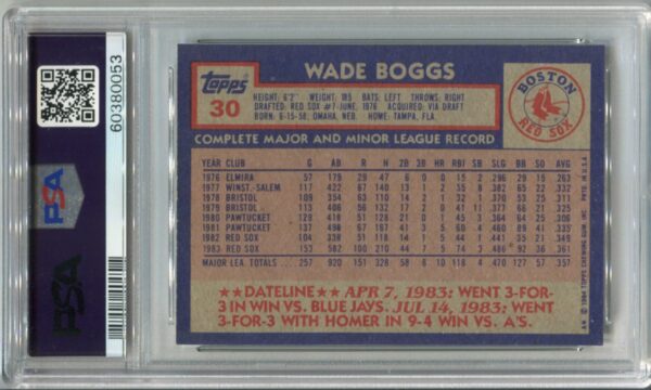 1984 Topps #30 Wade Boggs PSA 8 HOF (60380053) - Image 3