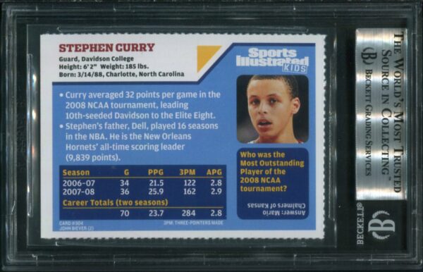 2008 2009 Sports Illustrated For Kids #304 Stephen Curry RC BGS 9 (0009528279) - Image 3