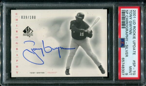2001 Upper Deck Rookie Update #SP-TG Tony Gwynn SP Chirography Autograph Silver #039/100 PSA 9 HOF (65748307) - Image 3