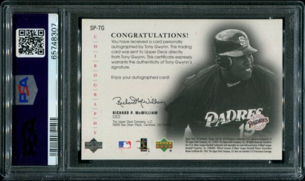 2001 Upper Deck Rookie Update #SP-TG Tony Gwynn SP Chirography Autograph Silver #039/100 PSA 9 HOF (65748307) - Image 4