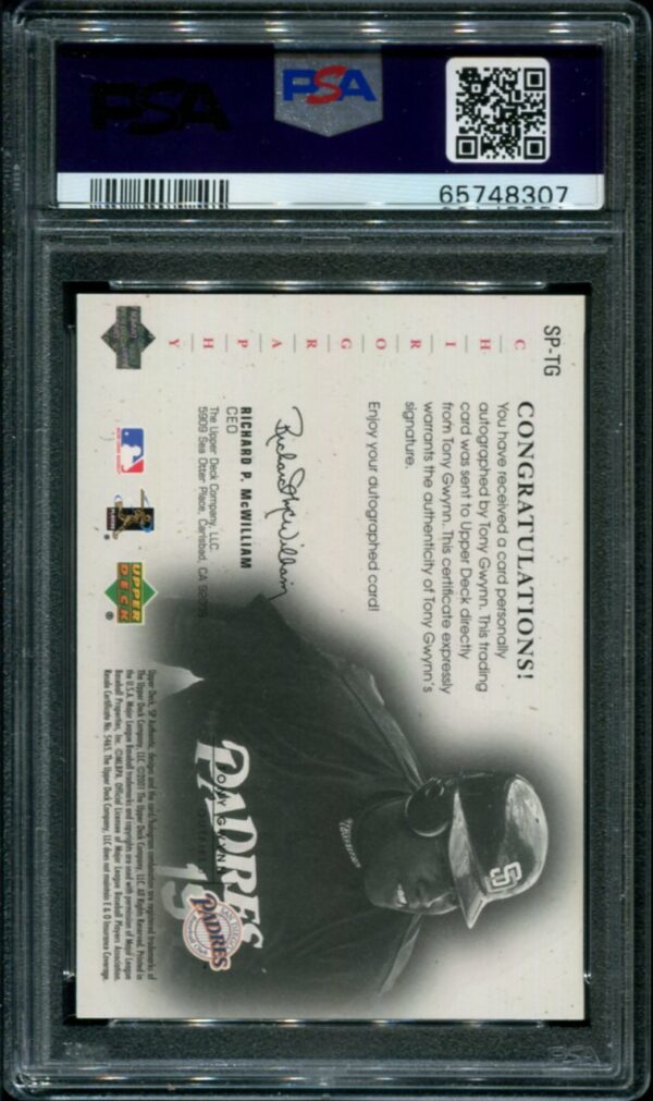 2001 Upper Deck Rookie Update #SP-TG Tony Gwynn SP Chirography Autograph Silver #039/100 PSA 9 HOF (65748307) - Image 2