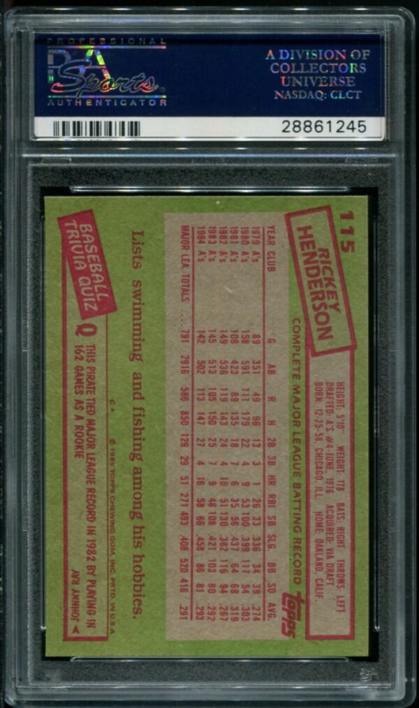 1985 Topps #115 Rickey Henderson PSA 10 HOF (28861245) - Image 2