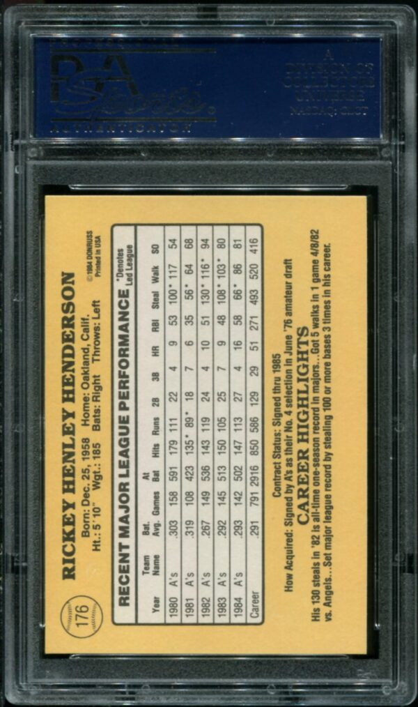 1985 Donruss #176 Rickey Henderson PSA 10 HOF (21796294) - Image 2