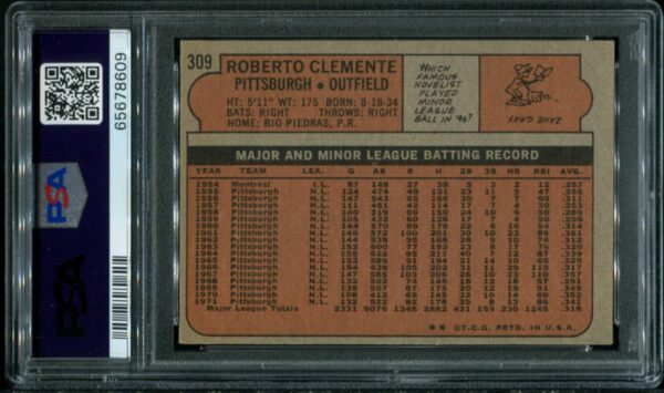 1972 Topps #309 Roberto Clemente PSA 5 HOF (65678609) - Image 3