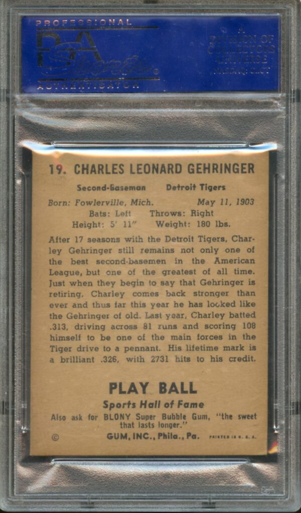 1941 Play Ball #19 Charlie Gehringer HOF  PSA 4  12568404 - Image 2