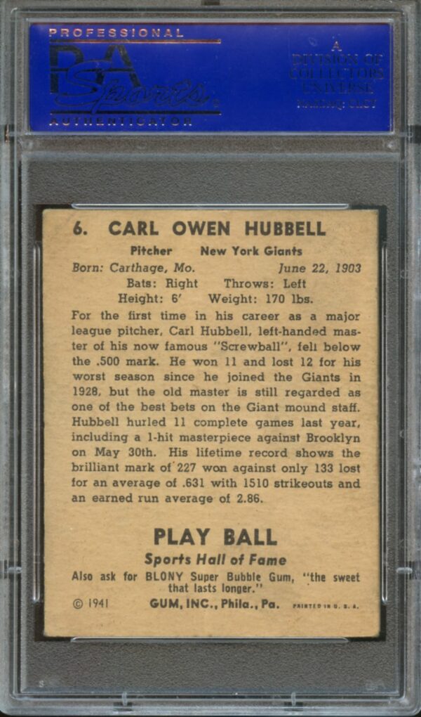 1941 Play Ball #6 Carl Hubbell PSA 5 HOF  30843955 - Image 2