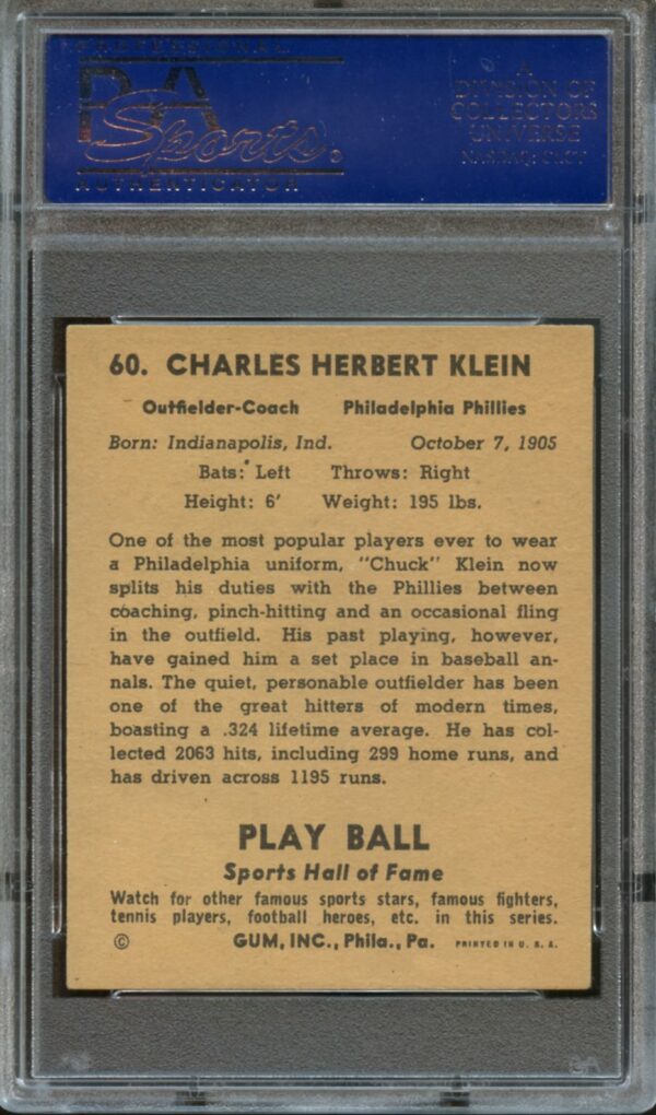 1941 Play Ball #60 Chuck Klein HOF  PSA 7  07237900 - Image 2