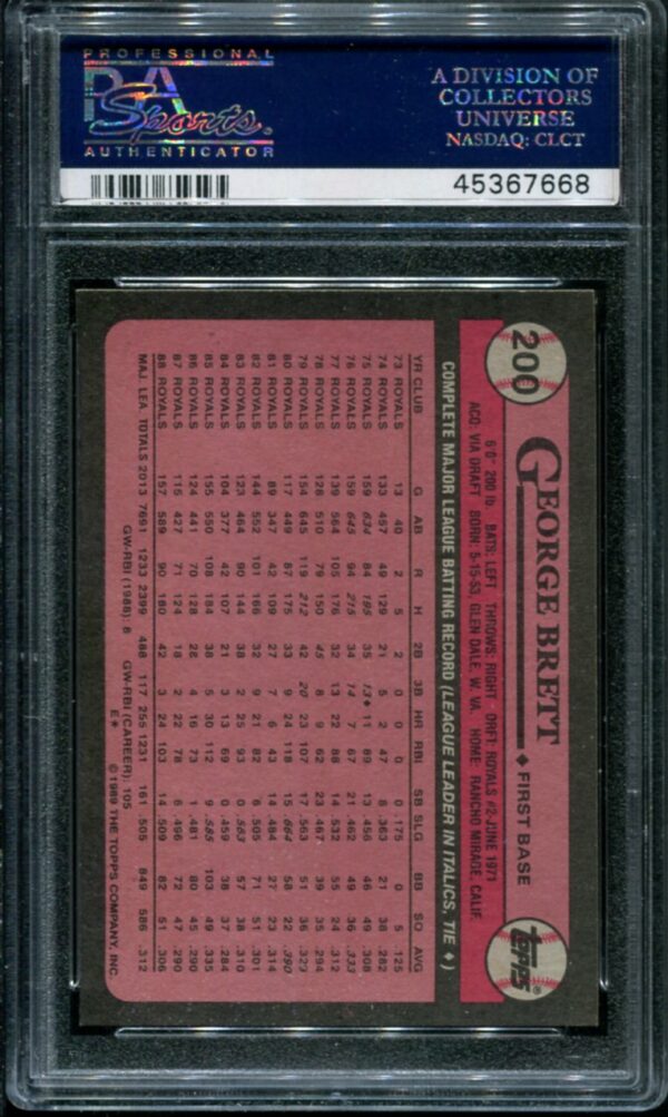 1989 Topps #200 George Brett PSA 10 HOF (45367668) - Image 2