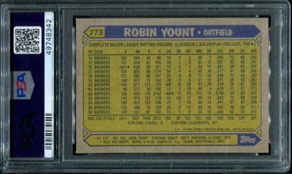 1987 Topps #773 Robin Yount PSA 10 HOF (49748342) - Image 3