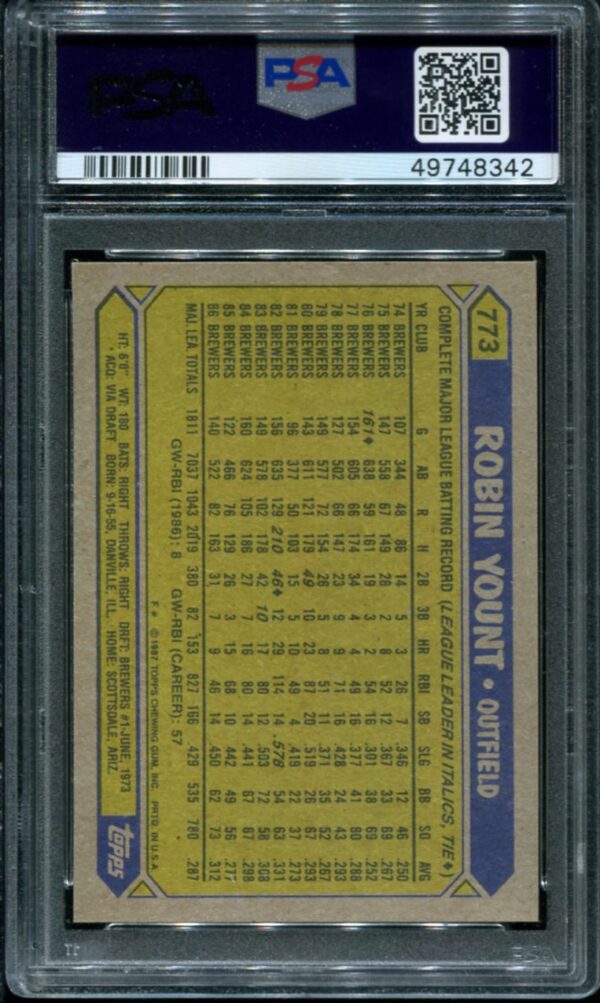 1987 Topps #773 Robin Yount PSA 10 HOF (49748342) - Image 2