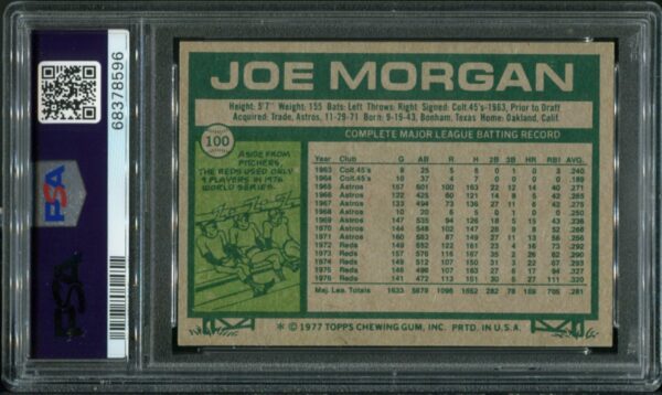 1977 Topps #100 Joe Morgan PSA 8 HOF (68378596) - Image 3