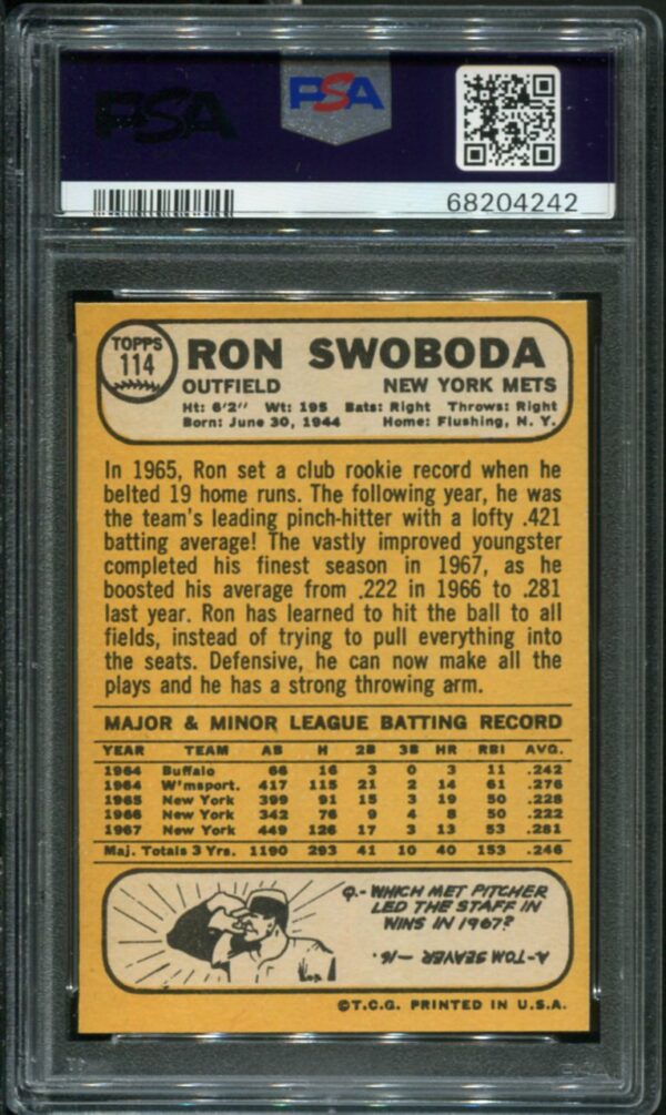 1968 Topps #114 Ron Swoboda PSA 8 (68204242) - Image 2