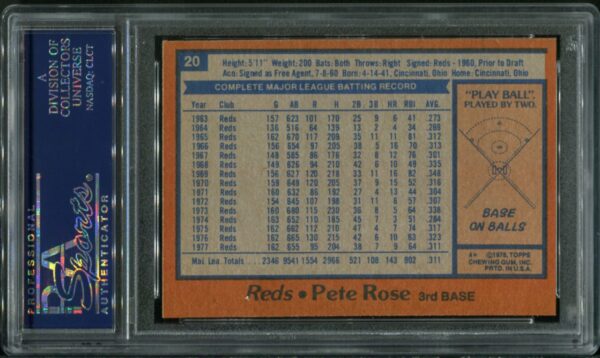 1978 Topps #20 Pete Rose PSA 10 (24071551) - Image 3
